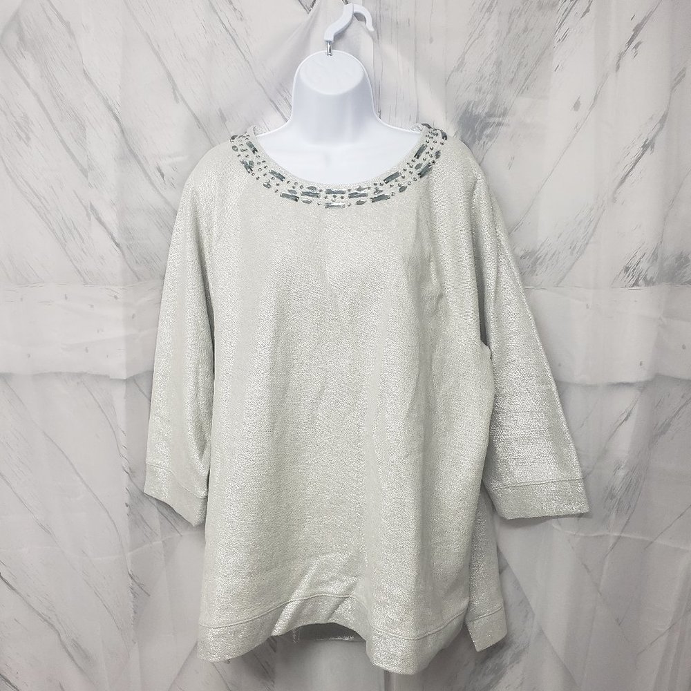 Chico's Silver Metallic Beaded Sweatshirt Tunic Size 3 (XL)